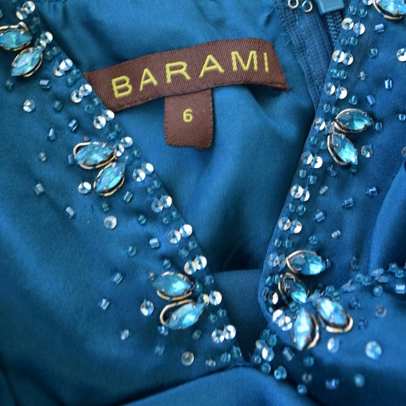 Teal Silk Halter Midi Dress Embellished Backless - Picture 6 of 10